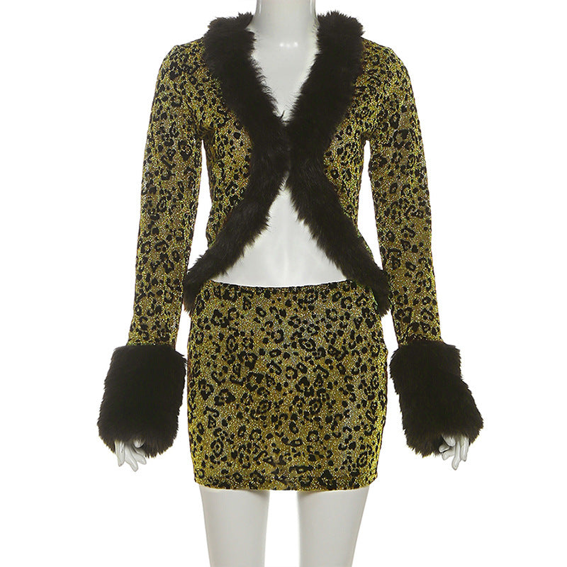 Leopard Print Mini Skirt & Fur Trim Top Set