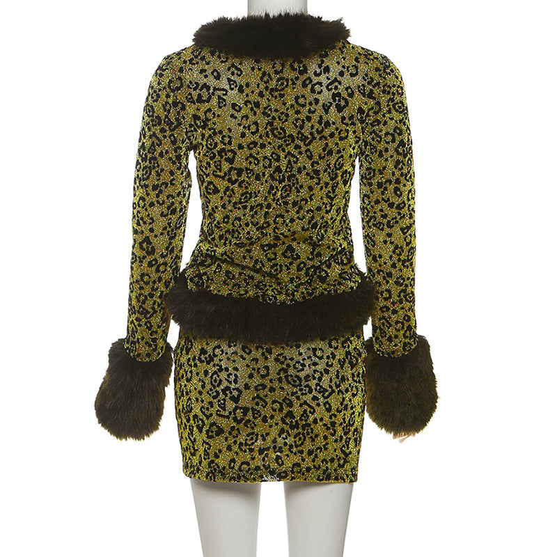 Leopard Print Mini Skirt & Fur Trim Top Set