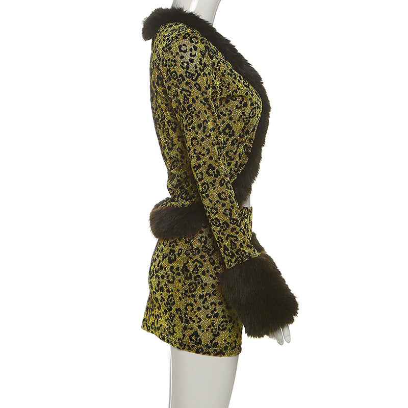 Leopard Print Mini Skirt & Fur Trim Top Set