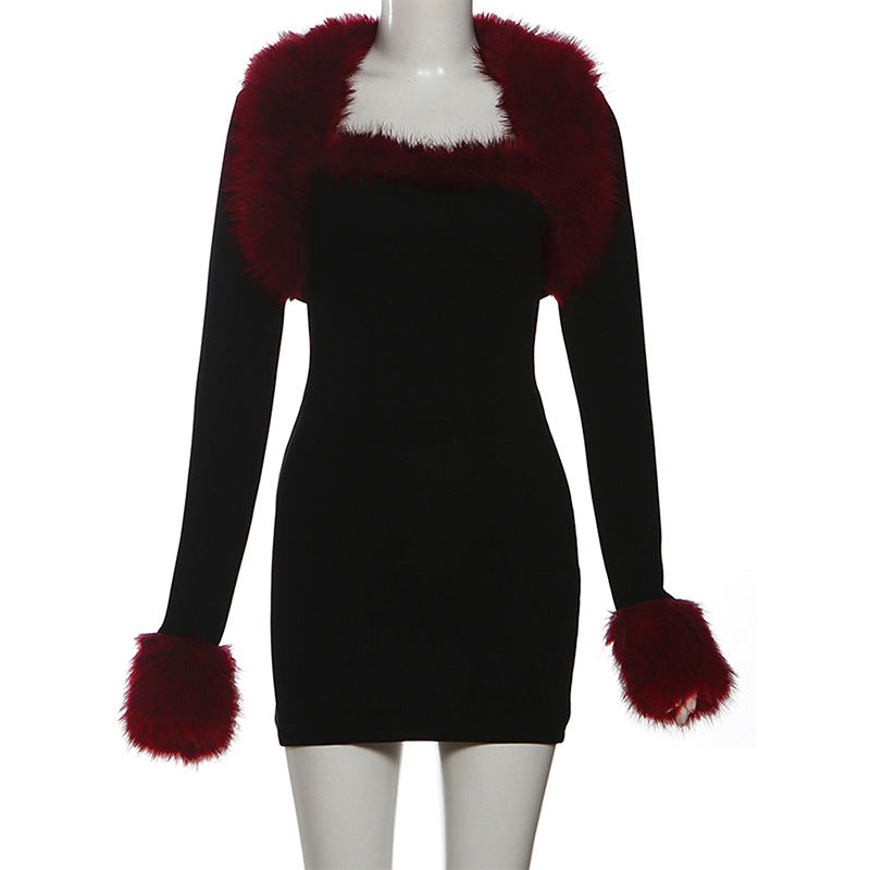 Plush Patchwork Long-Sleeve Bodycon Dress Set