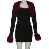 Plush Patchwork Long-Sleeve Bodycon Dress Set