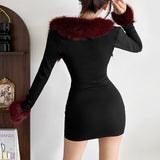 Plush Patchwork Long-Sleeve Bodycon Dress Set