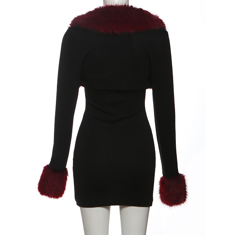 Plush Patchwork Long-Sleeve Bodycon Dress Set