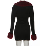 Plush Patchwork Long-Sleeve Bodycon Dress Set