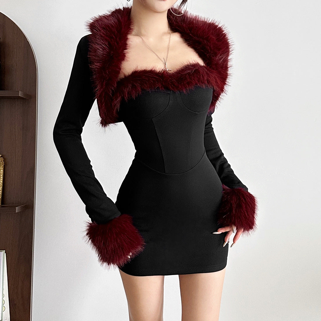 Plush Patchwork Long-Sleeve Bodycon Dress Set