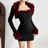 Plush Patchwork Long-Sleeve Bodycon Dress Set