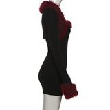Plush Patchwork Long-Sleeve Bodycon Dress Set