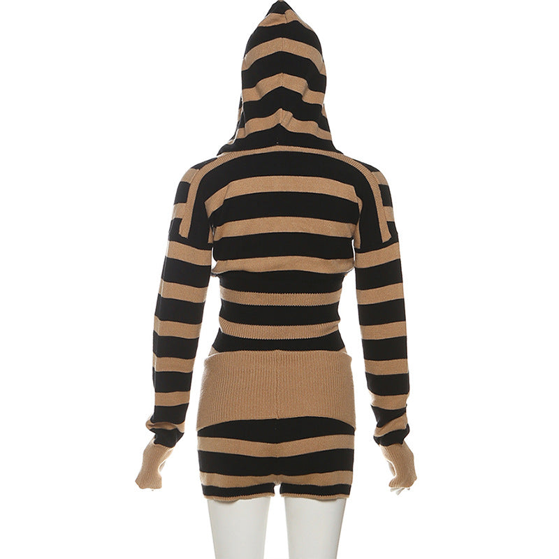 Striped Hooded Top & Shorts Set