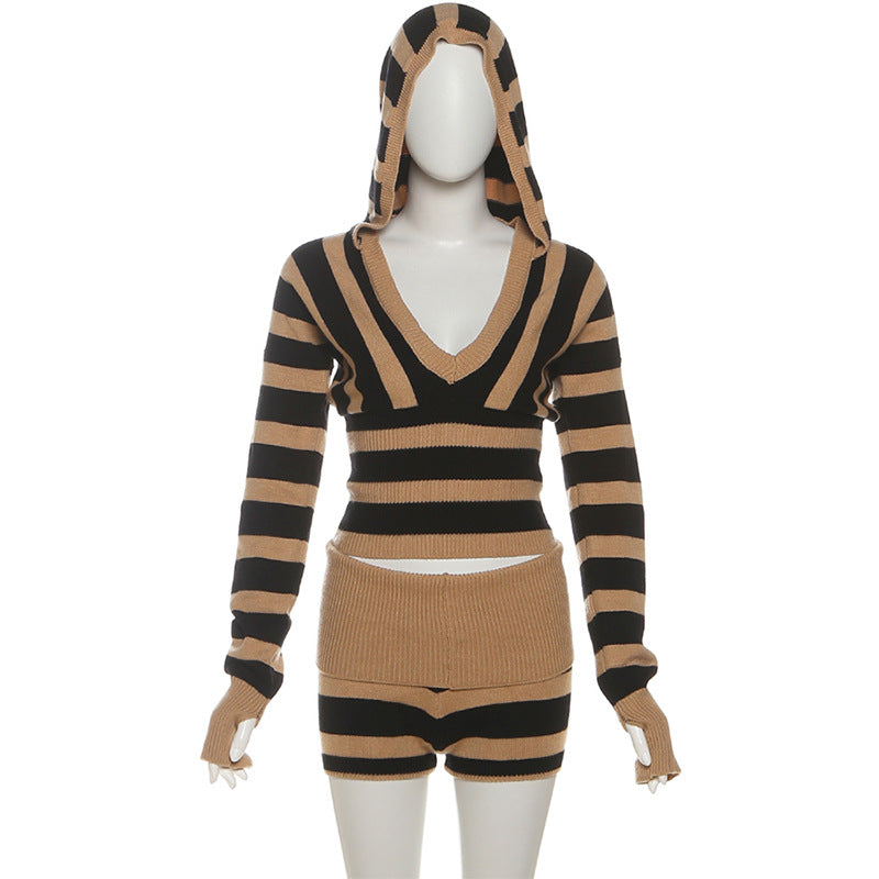 Striped Hooded Top & Shorts Set