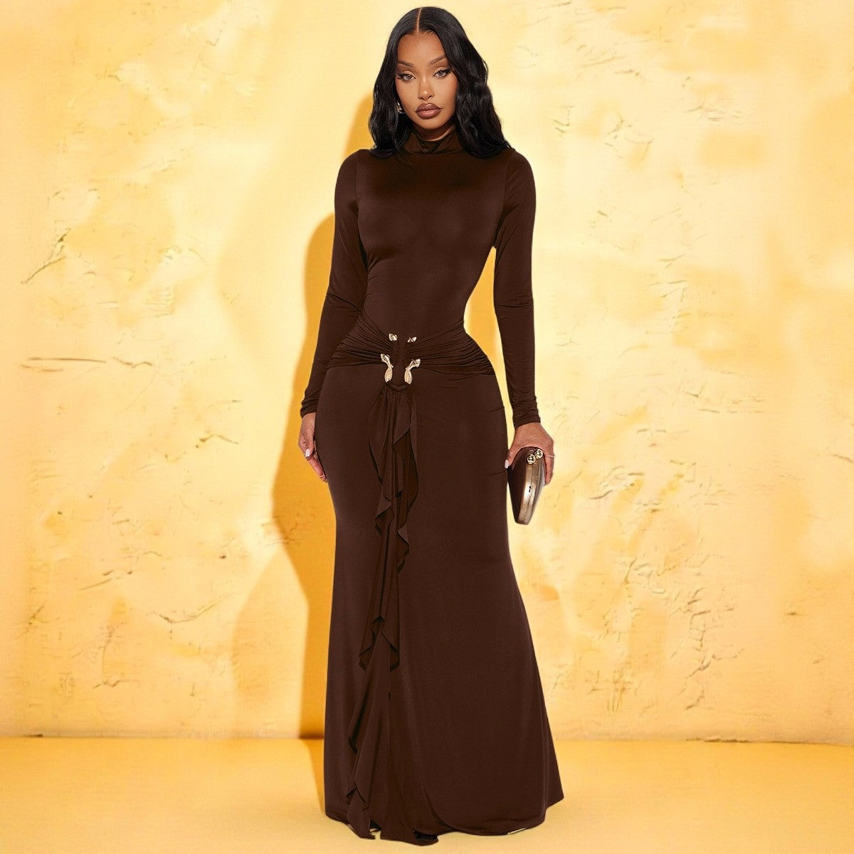 Long Sleeve Maxi Dress with Ruffle Front