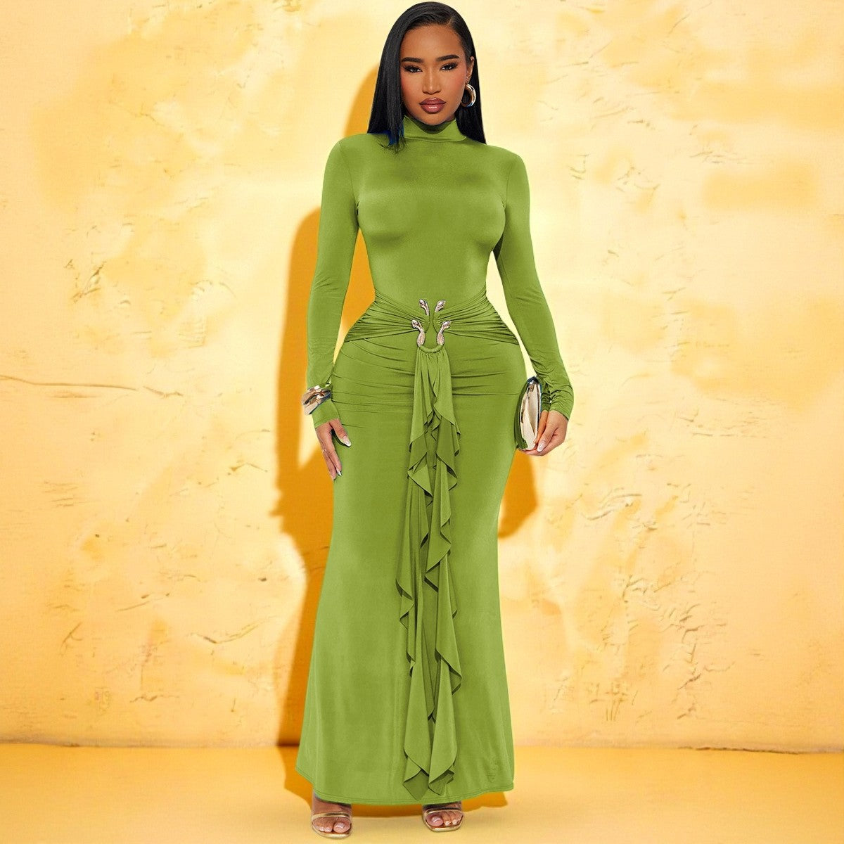 Long Sleeve Maxi Dress with Ruffle Front