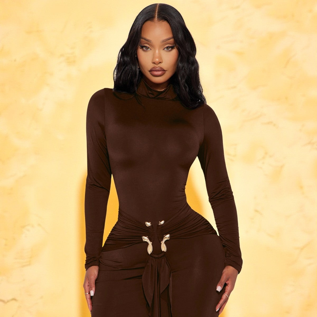 Long Sleeve Maxi Dress with Ruffle Front