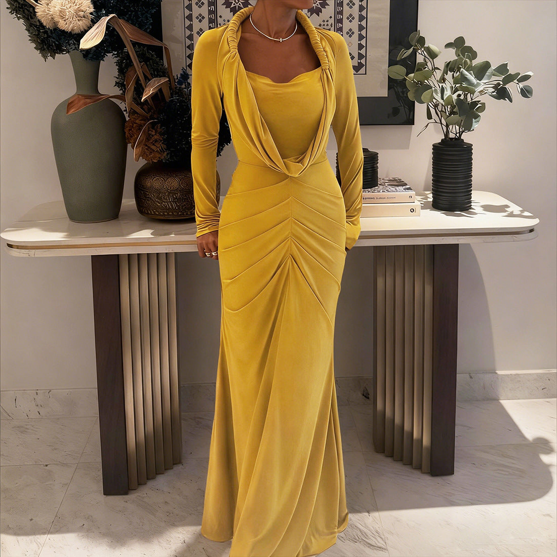 Yellow Draped Evening Gown