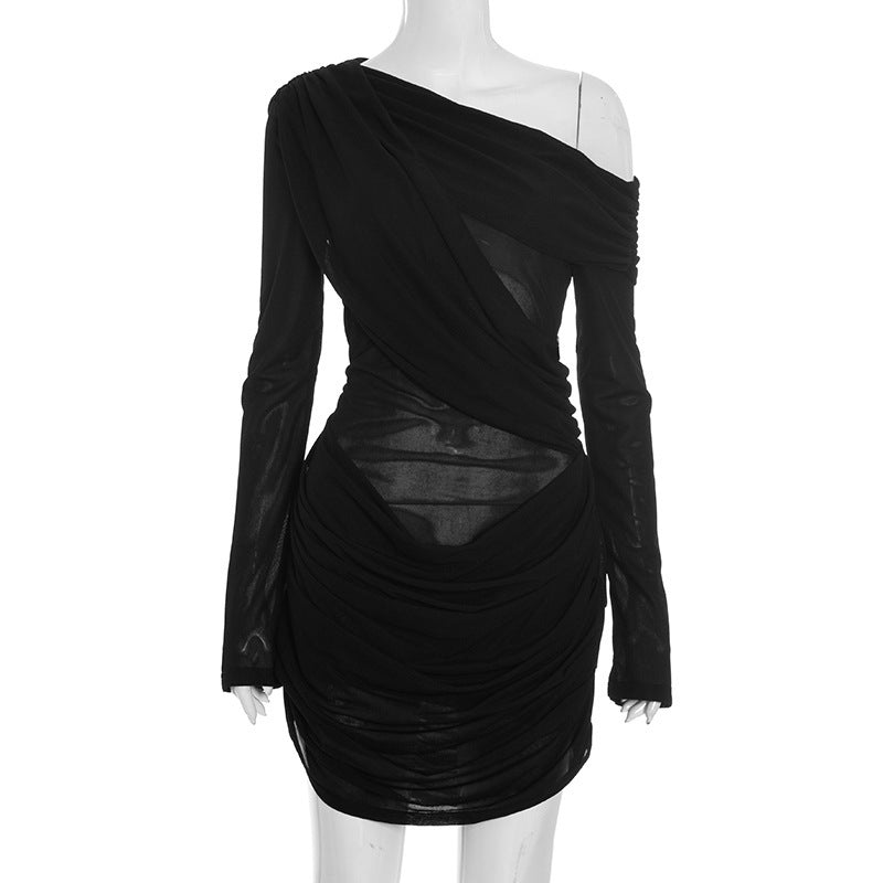 Off-Shoulder Sheer Ruched Dress