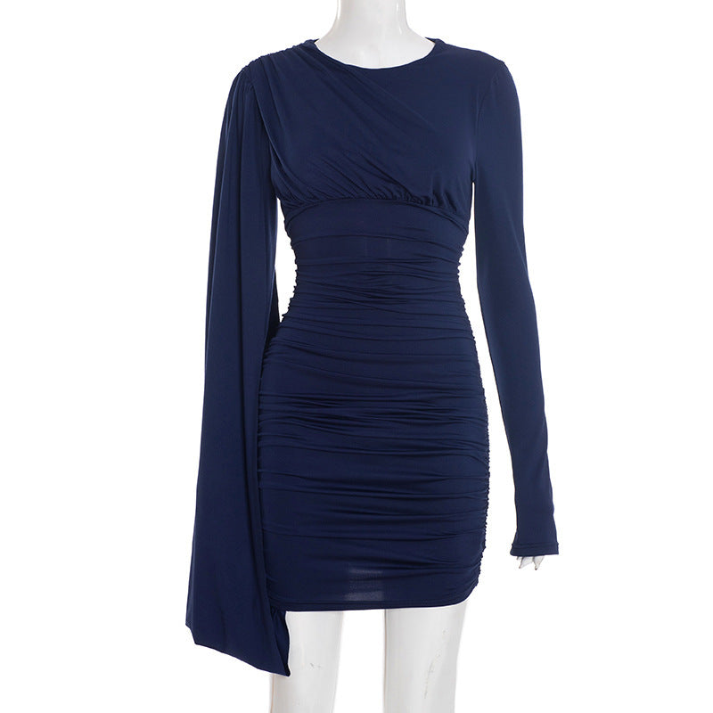 Ruched Bodycon Dress with Cape Sleeve
