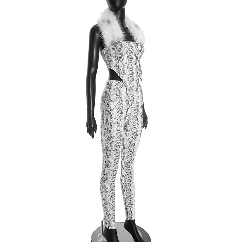 Snake Print Fur Halter Tank Tops Leggings Set