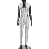 Snake Print Fur Halter Tank Tops Leggings Set