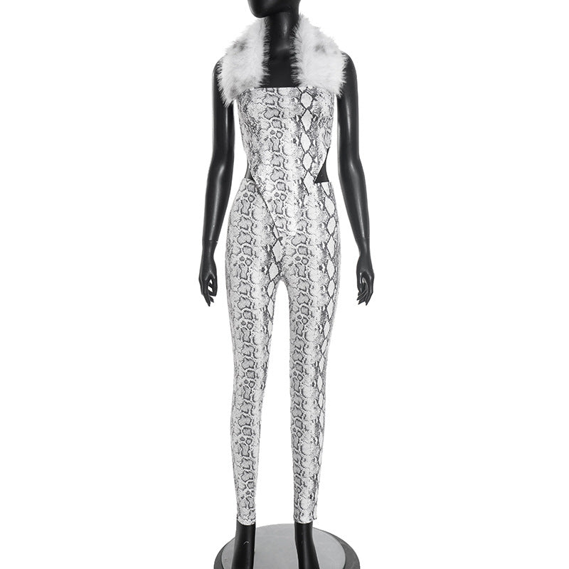 Snake Print Fur Halter Tank Tops Leggings Set