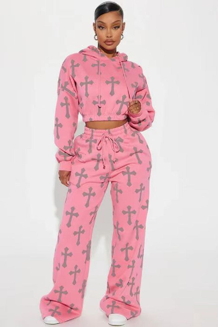 Hoodie & Joggers Set with Cross Print