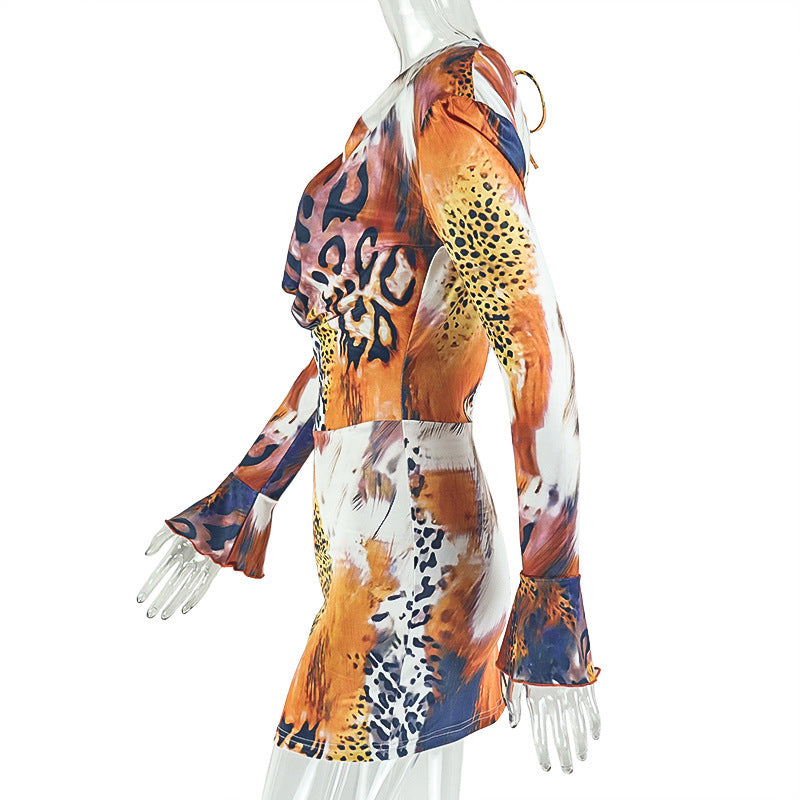 Animal Print Deep V-Neck Mini Dress