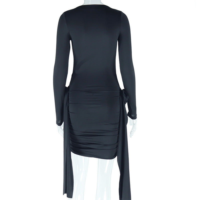 Long Sleeve Ruched Dress with Tie Details