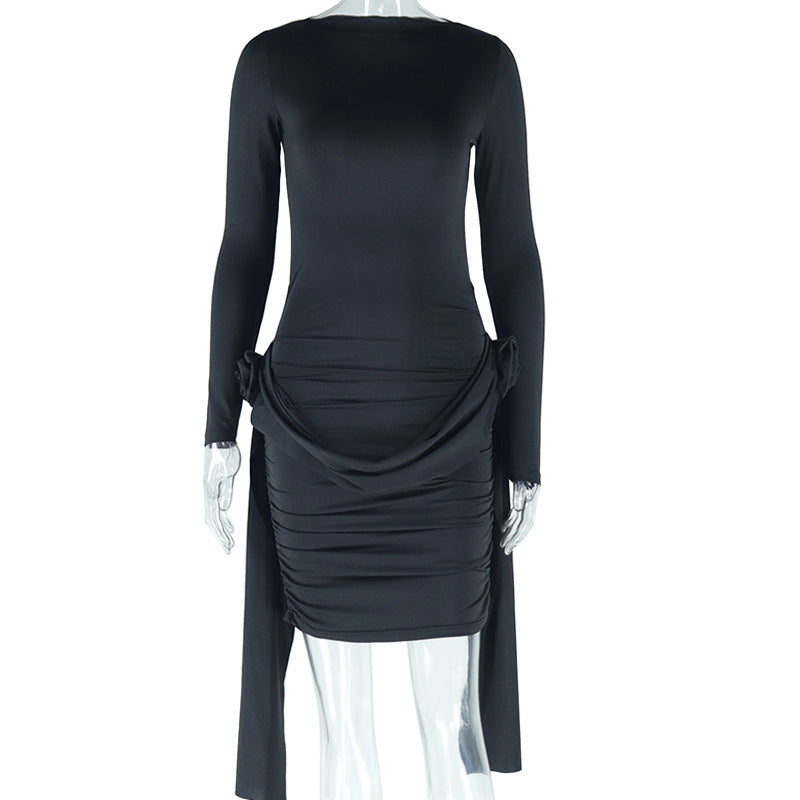 Long Sleeve Ruched Dress with Tie Details