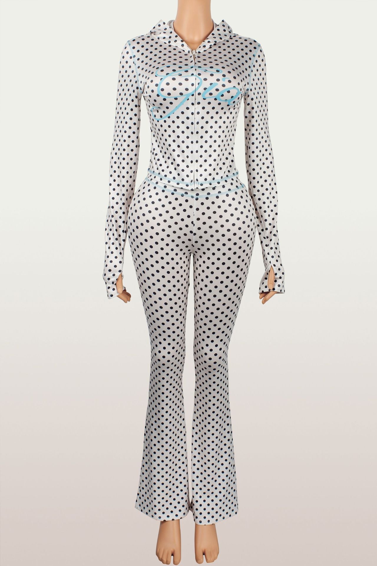 Polka Dot Cropped Hoodie and Flared Pants Set