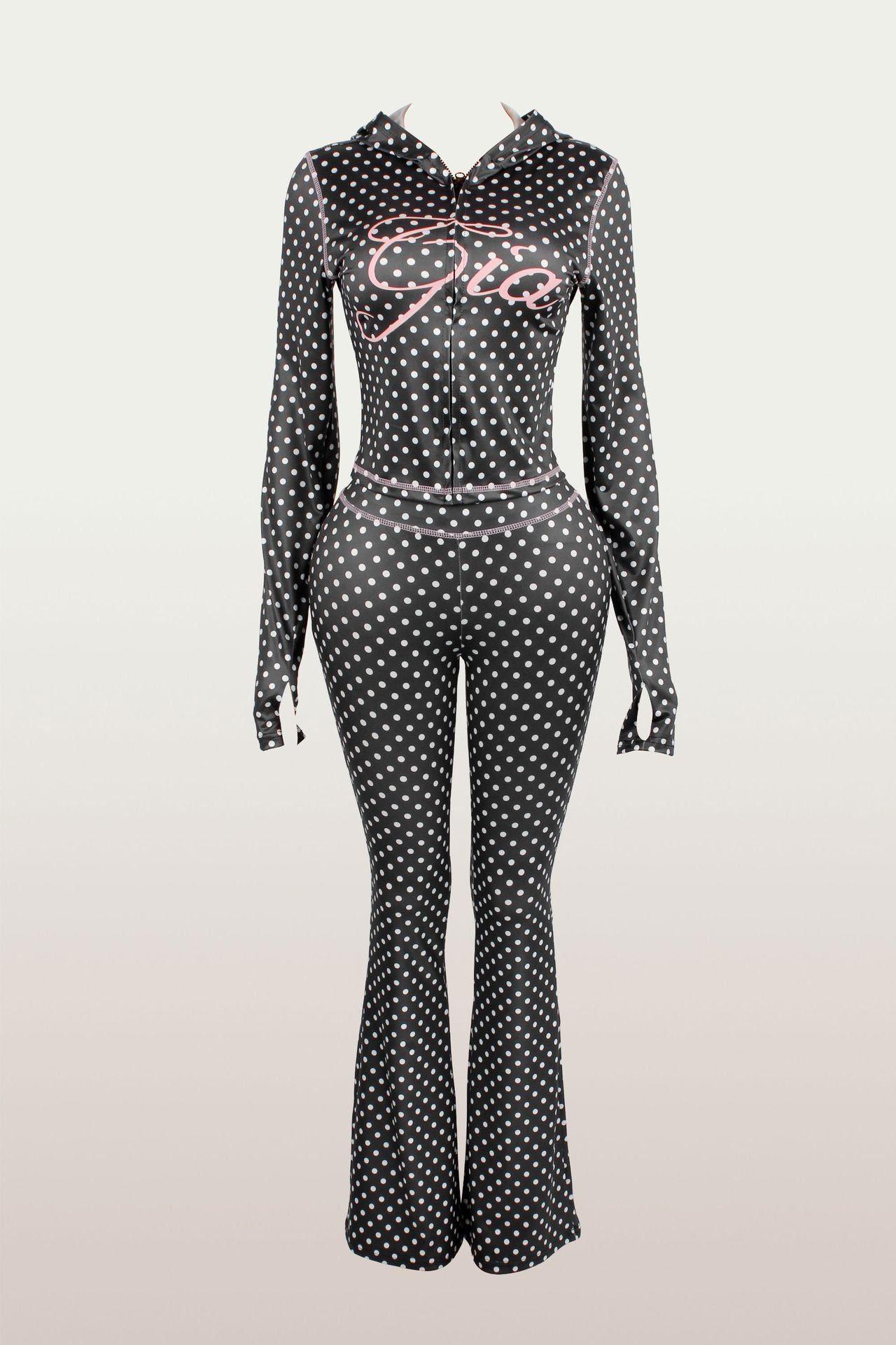 Polka Dot Cropped Hoodie and Flared Pants Set