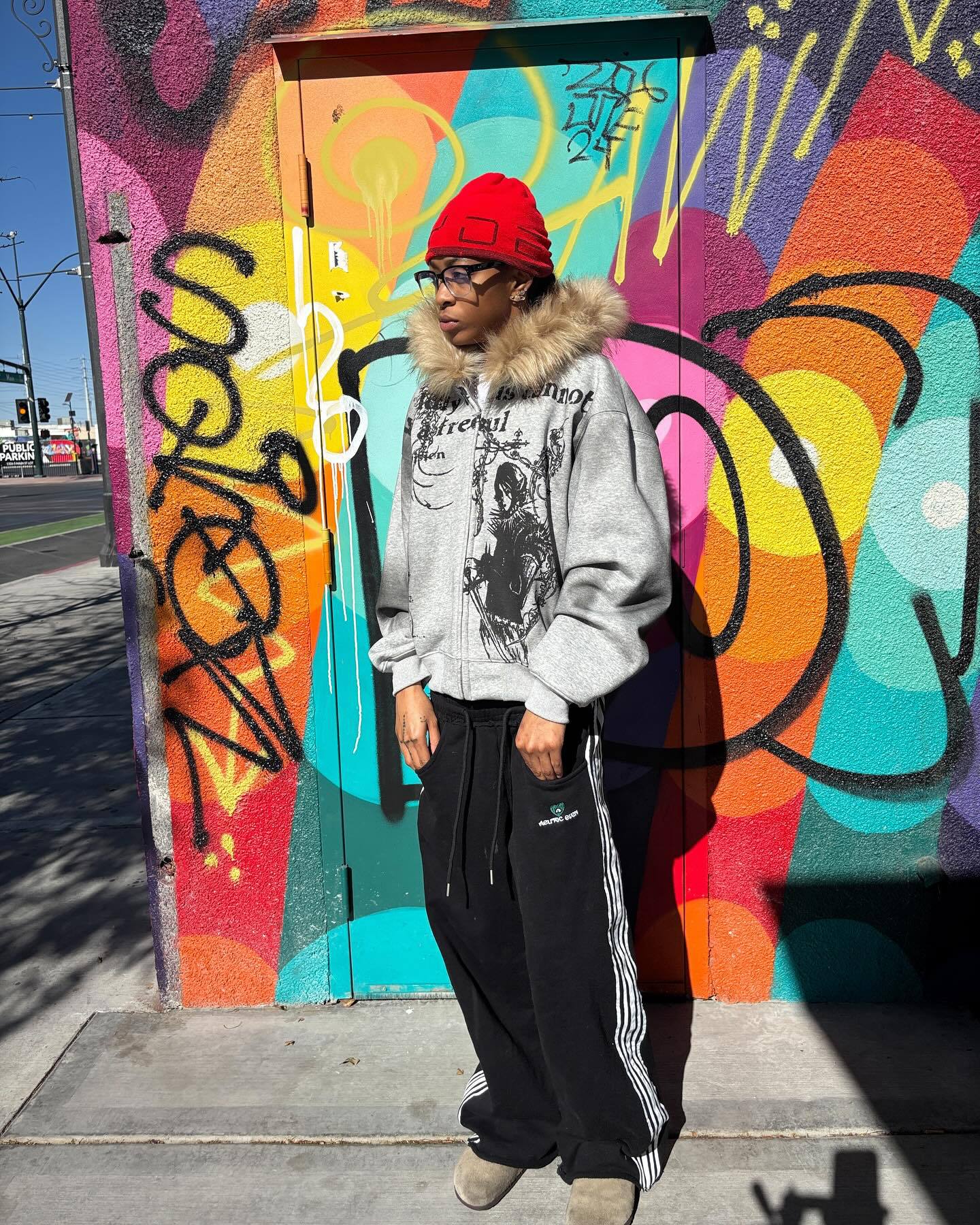 Jacket with Faux Fur Hood & Graphic Print