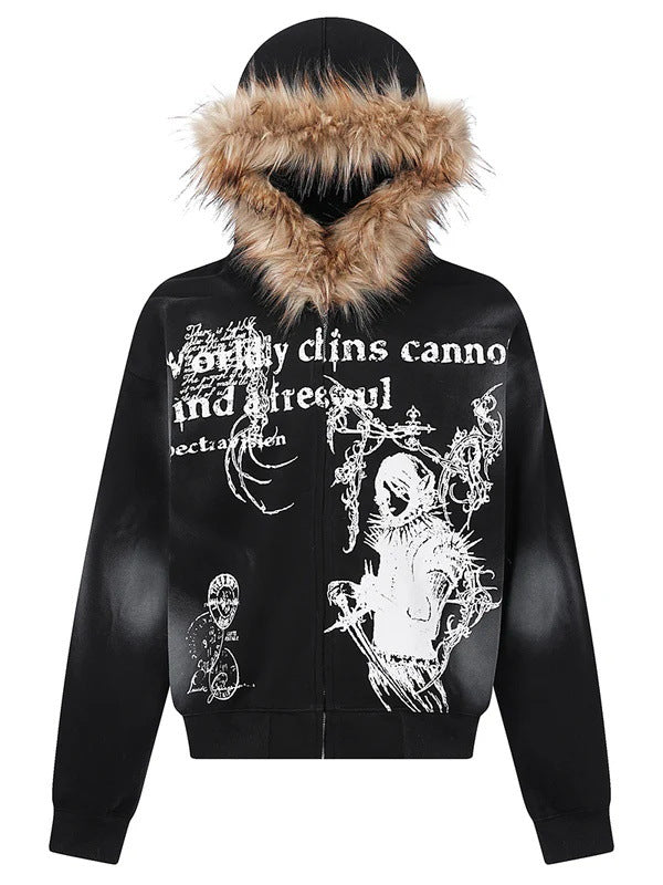 Jacket with Faux Fur Hood & Graphic Print