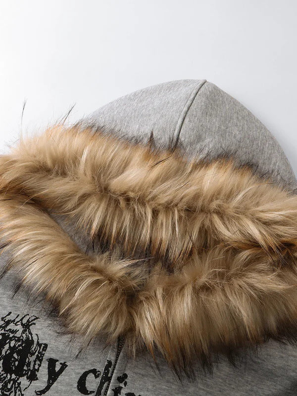 Jacket with Faux Fur Hood & Graphic Print