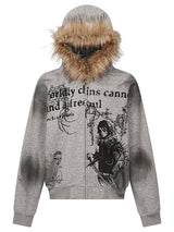 Jacket with Faux Fur Hood & Graphic Print