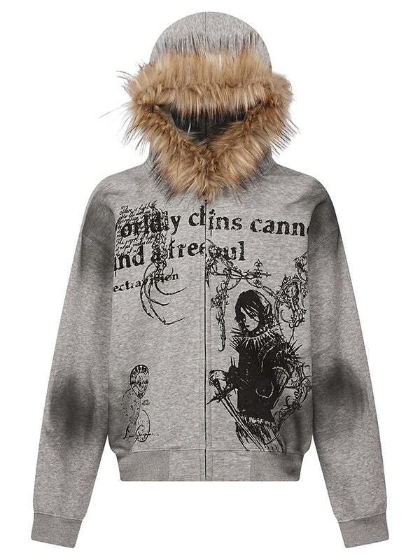 Jacket with Faux Fur Hood & Graphic Print