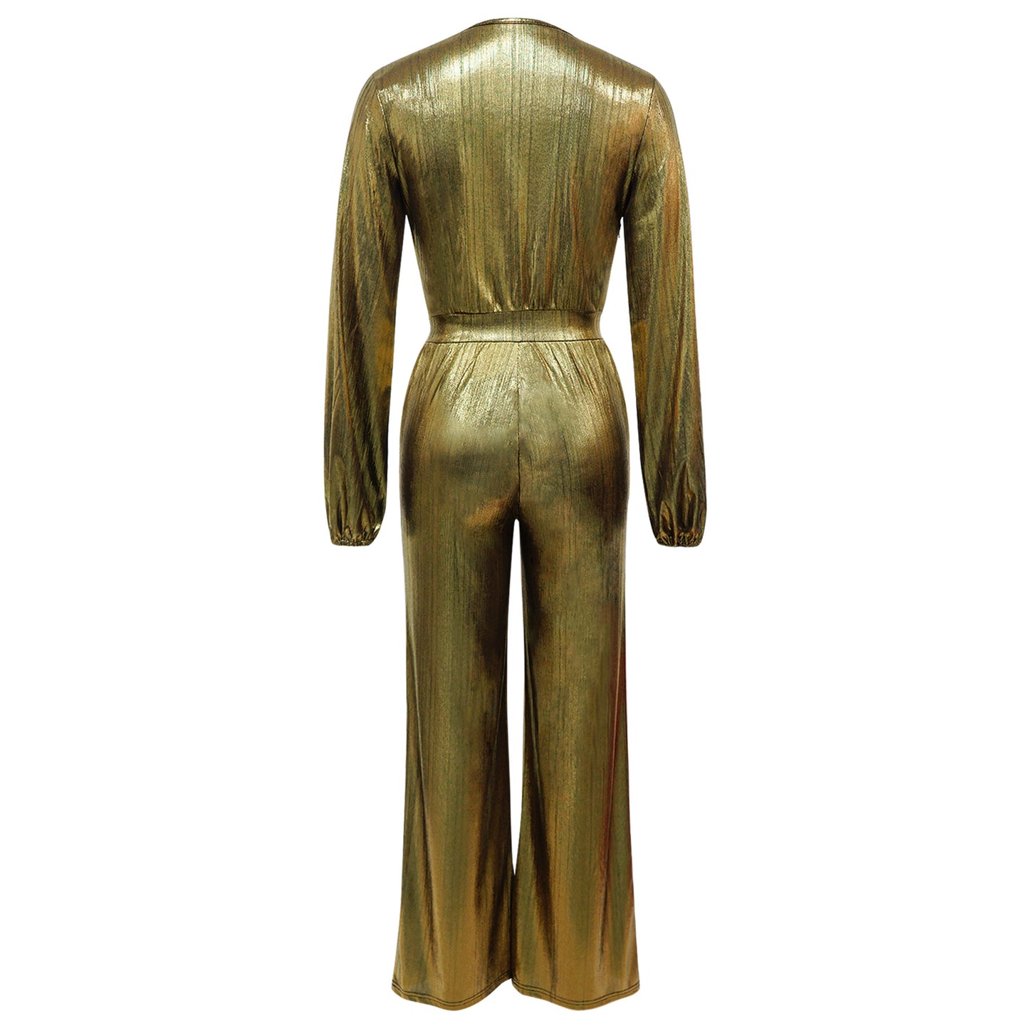 Metallic Jumpsuit with V-Neck & Long Sleeves