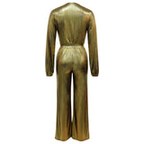 Metallic Jumpsuit with V-Neck & Long Sleeves