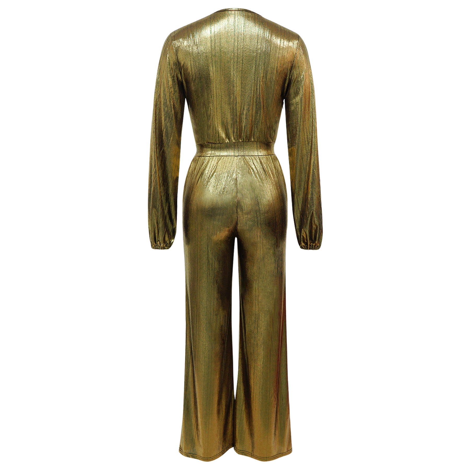 Metallic Jumpsuit with V-Neck & Long Sleeves