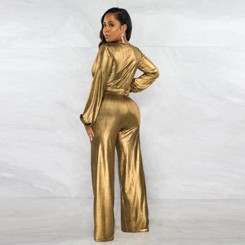 Metallic Jumpsuit with V-Neck & Long Sleeves
