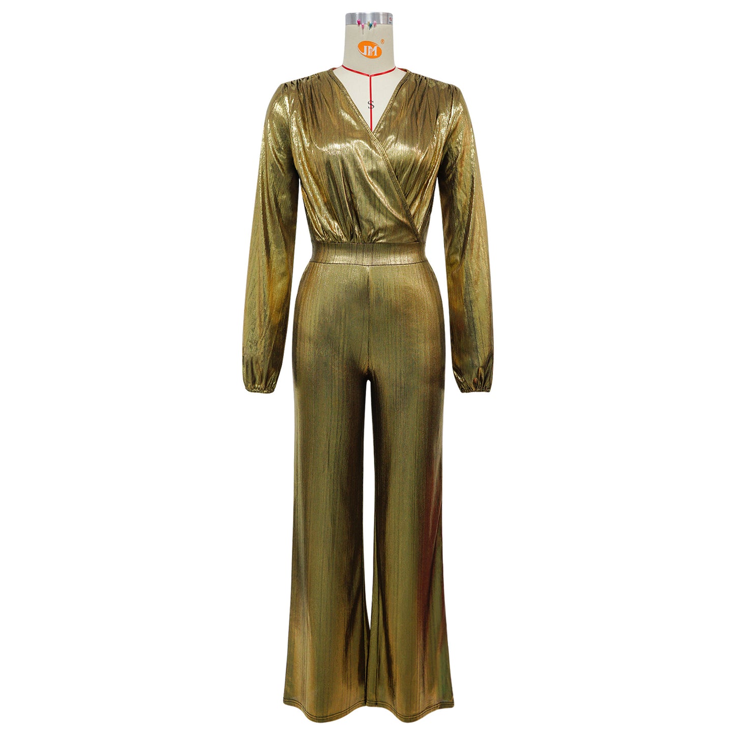 Metallic Jumpsuit with V-Neck & Long Sleeves