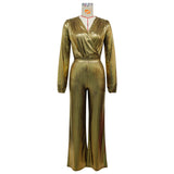 Metallic Jumpsuit with V-Neck & Long Sleeves