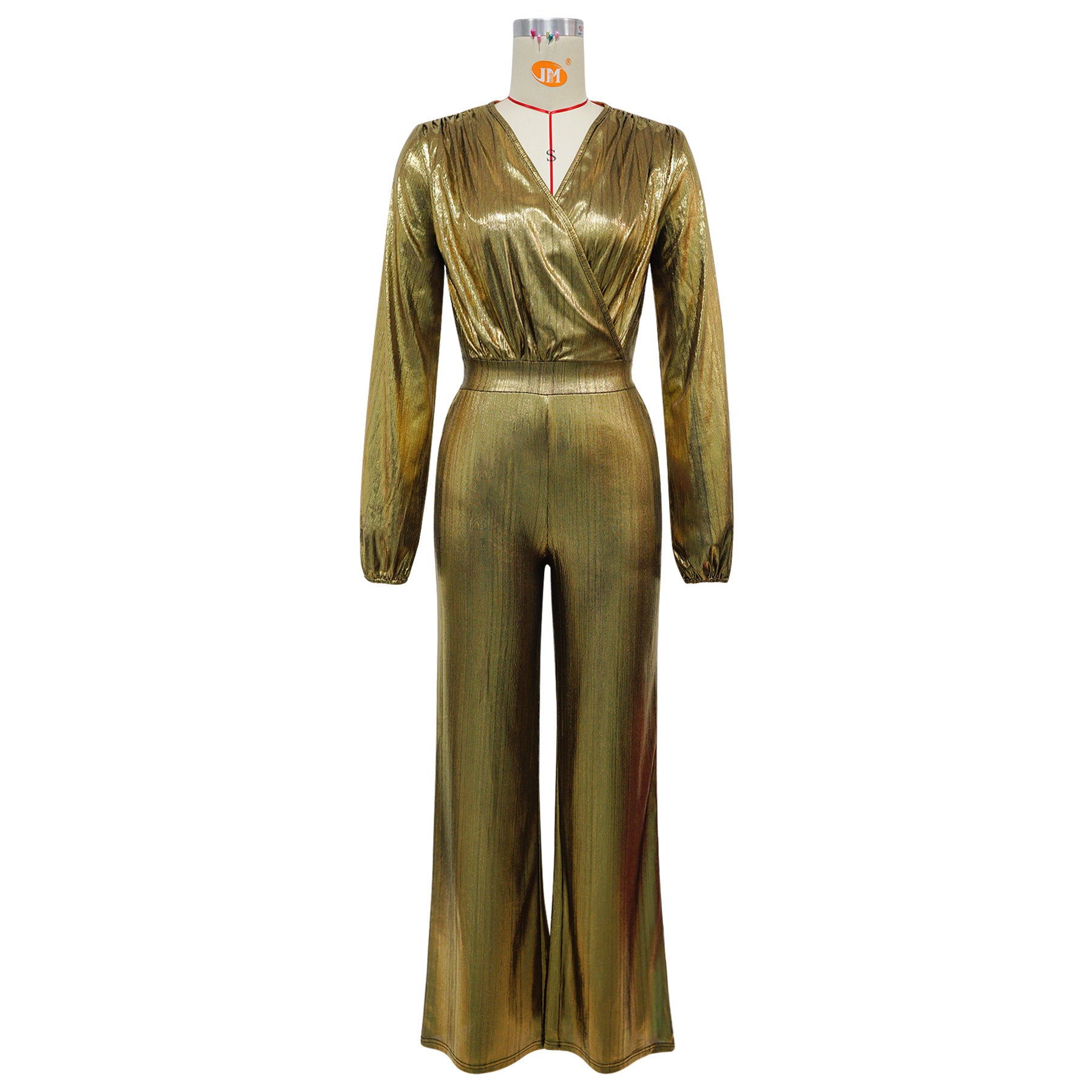Metallic Jumpsuit with V-Neck & Long Sleeves