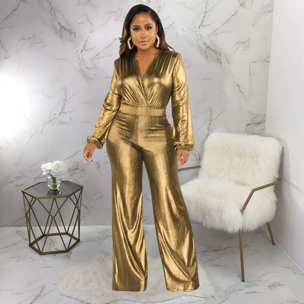 Metallic Jumpsuit with V-Neck & Long Sleeves