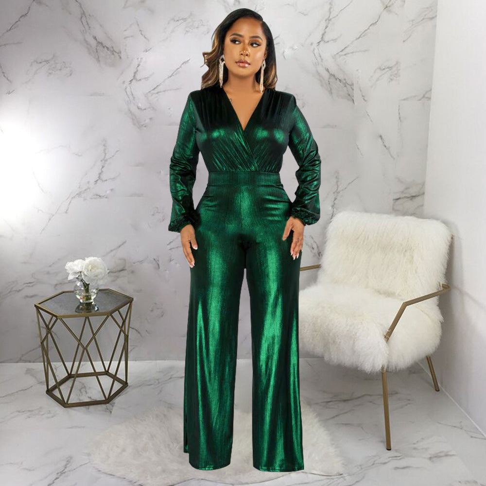 Metallic Jumpsuit with V-Neck & Long Sleeves