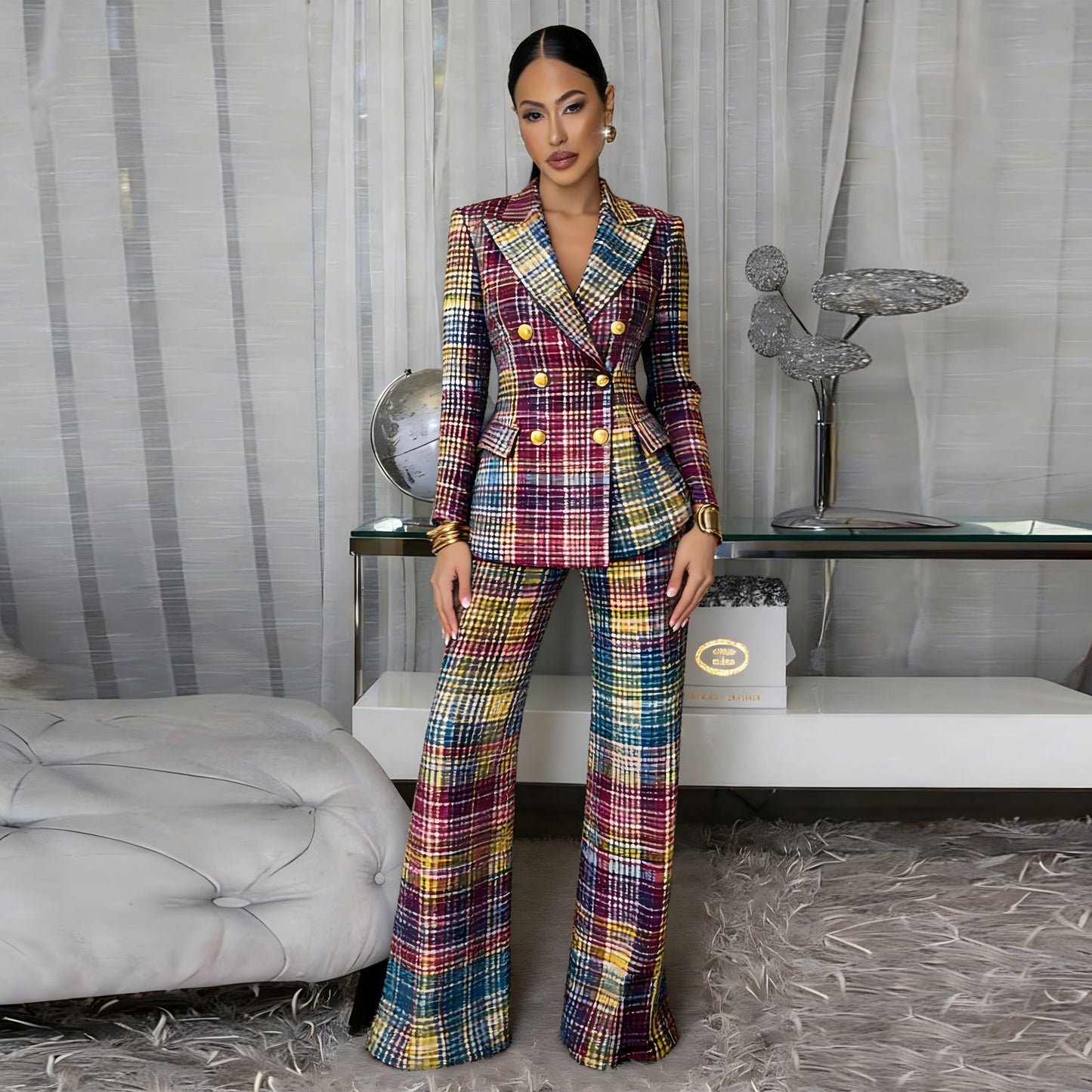 Plaid Power Suit with Wide-Leg Pants