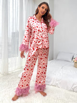 Heart Print Pajama Set with Feather Accents