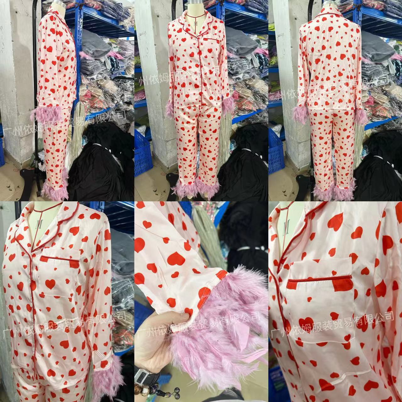 Heart Print Pajama Set with Feather Accents