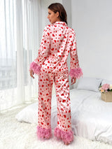 Heart Print Pajama Set with Feather Accents