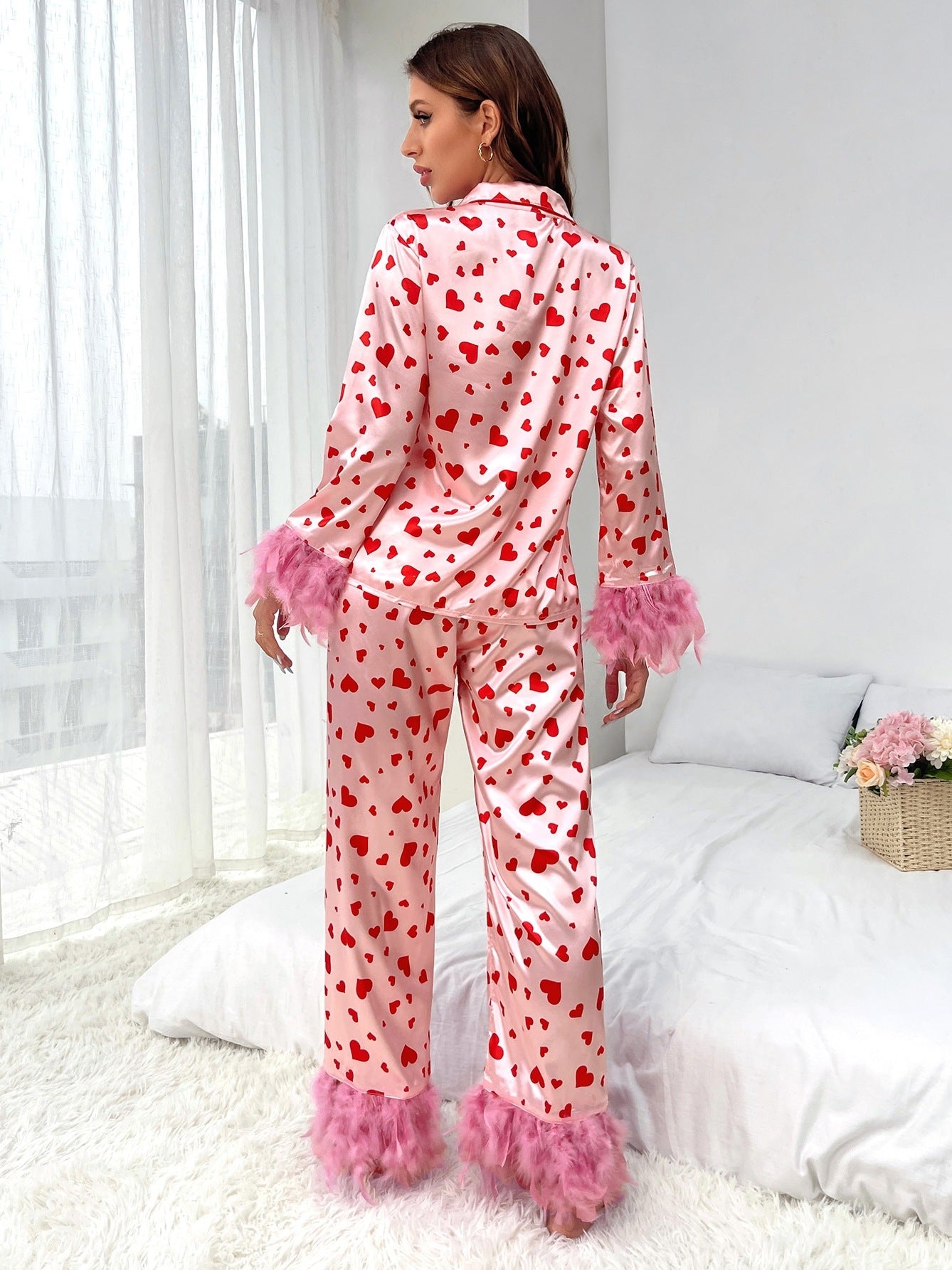 Heart Print Pajama Set with Feather Accents