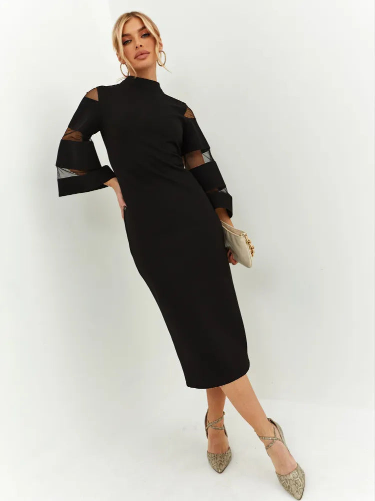 Midi Dress with Sheer Sleeve Details