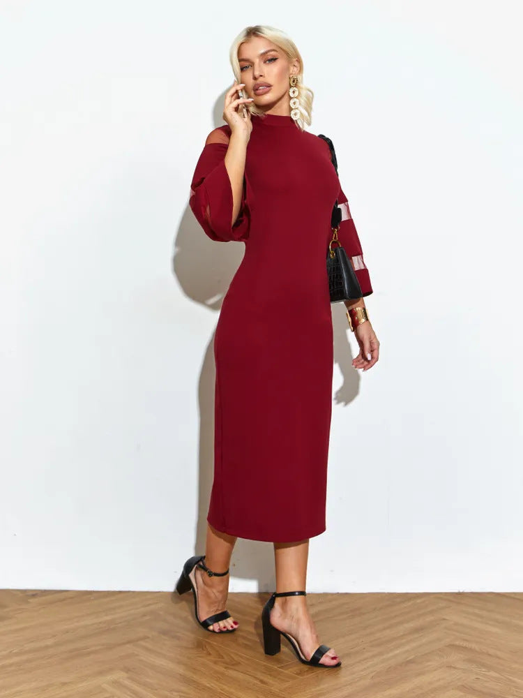 Midi Dress with Sheer Sleeve Details