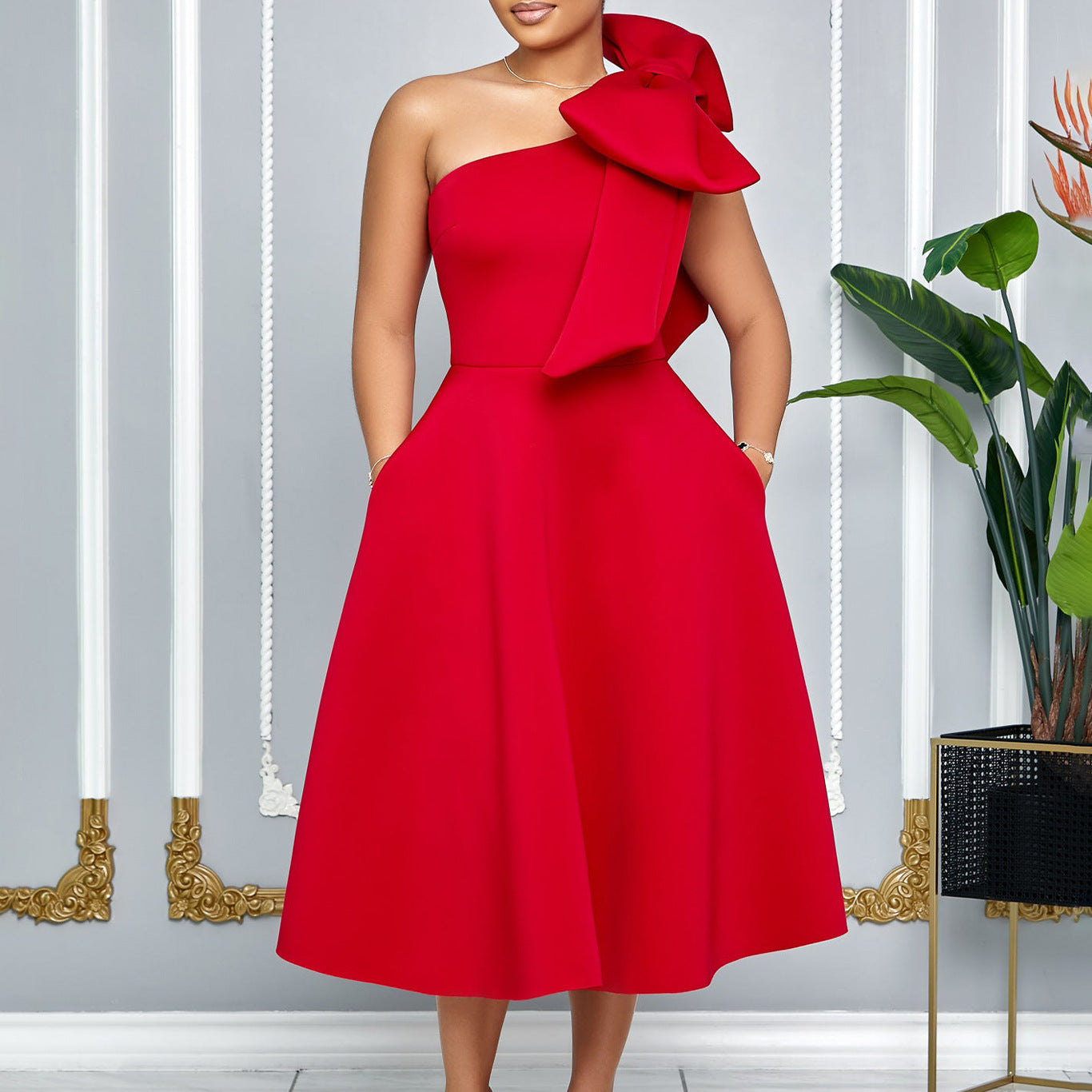 One-Shoulder Midi Dress with Bow Detail